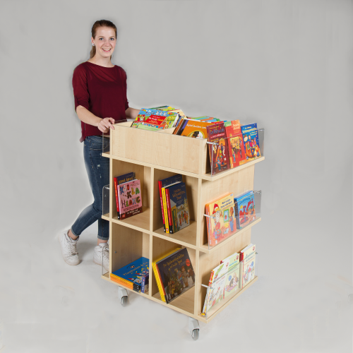 Präsentationswagen für Bücher, mit 18 Fächern B/H/T: 73x105x60 cm, Blenden aus Plexiglas