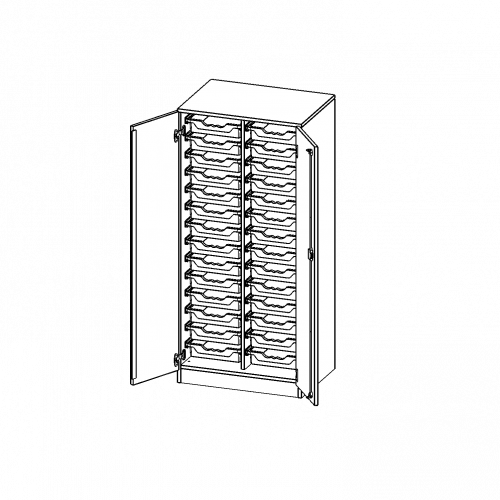 ErgoTray Schrank, zweireihig, 4 Ordnerhöhen - evo180 Serie B/H/T: 70,3x154x50 cm, zweitürig, mit Sockel (81 mm), mit 28 flachen ErgoTray Boxen