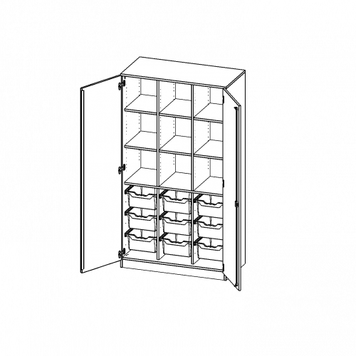 ErgoTray Schrank, dreireihig, 5 Ordnerhöhen - evo180 Serie B/H/T: 104,5x190x50 cm, zweitürig, mit Sockel (81 mm), mit 2 Mittelwänden, mit 9 hohen ErgoTray Boxen