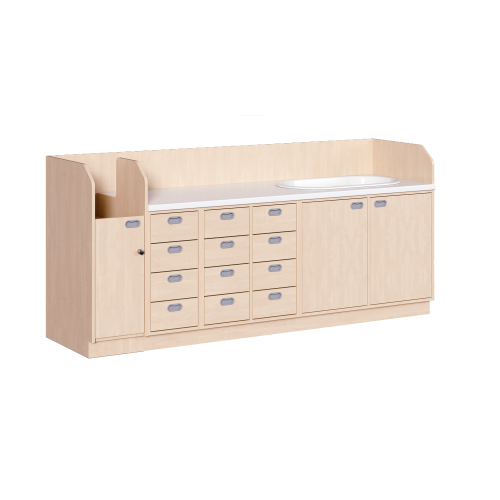 Wickelkommode, vierreihig zuzüglich Badewanne B/H/T: 249x113x71,5 cm, Integrierter Aufgang links, Schübe und Badewanne rechts