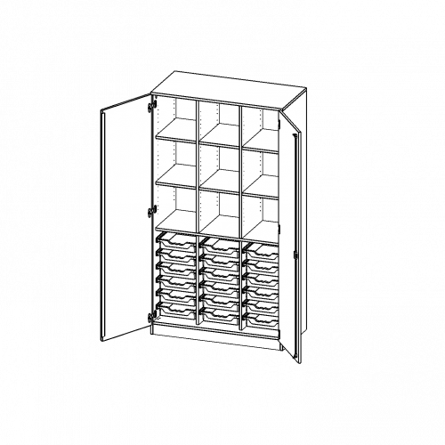 ErgoTray Schrank, dreireihig, 5 Ordnerhöhen - evo180 Serie B/H/T: 104,5x190x50 cm, zweitürig, mit Sockel (81 mm), mit 2 Mittelwänden, mit 18 flachen ErgoTray Boxen