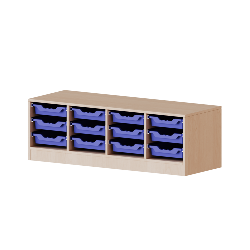 ErgoTray Regal, vierreihig, 1 Ordnerhöhe - evo180 Serie B/H/T: 138,7x46x50 cm, fahrbar, 12 flache ErgoTray Boxen