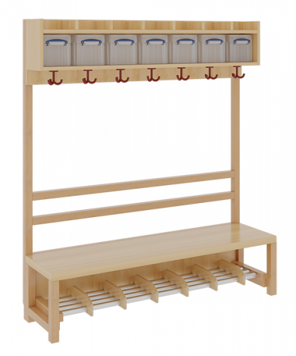 Komplettgarderobe mit einfacher Ablage inklusive Boxen B/H/T: 140x130x39 cm, 7 Plätze, Sitzhöhe 34 cm, offene Stütze, Schuhrost aus Aluminiumrohren mit Trennungen