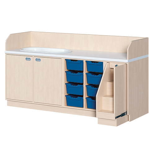 Wickelkommode, dreireihig zuzüglich Badewanne B/H/T: 213x113x91,5 cm, Ausziehbarer Aufstieg rechts, 8 Boxen und Badewanne links