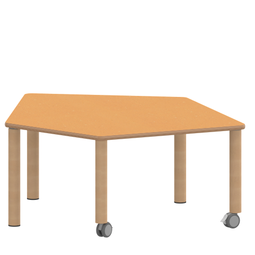 Tisch ZALOTTI mit Linoleum-Belag Fünfecktisch-klein, B/H/T: 121x46x110 cm, Massivholzbeine Ø 60 mm, Fußvariante: fahrbar