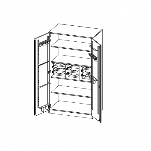 Musikschrank, 5 Ordnerhöhen - Serie evo180 B/H/T: 104,5x190x60 cm, Türen mit Instrumentenhalterungen, mit 9 ErgoTray Boxen, mit Sockel (81 mm)