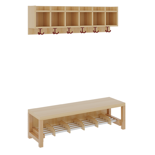 Komplettgarderobe mit einfacher Ablagereihe B/T: 120x35 cm, 6 Plätze, Sitzhöhe 26 cm, 2teilig ohne Stütze, Ablage zur Wandmontage, Alurohr-Schuhrost mit Trennungen