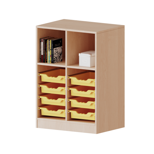 ErgoTray Regal, zweireihig, 2,5 Ordnerhöhen - evo180 Serie B/H/T: 70,3x100x50 cm, mit Möbelstellfüßen, oben 3 Fächer, unten 8 flache ErgoTray Boxen