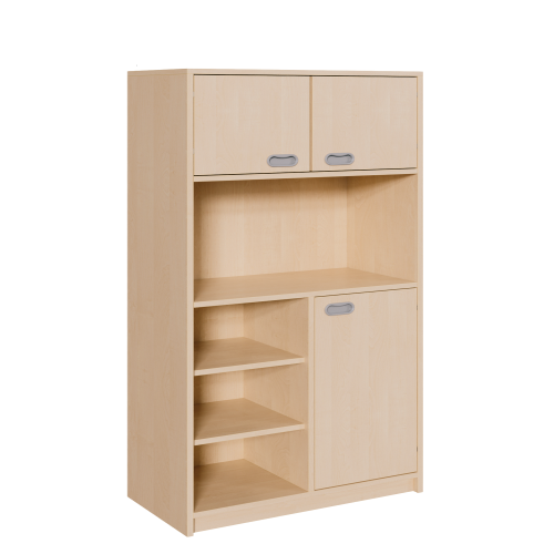Korpus-Schrank, unten Tür und Regal, oben Doppeltüren B/H/T: 102x160x40 cm, unten rechts Tür, links Regal unten insgesamt 6 Fächer, Mitte offenes Fach, oben Doppeltür mit Mittelwand, 4 Fächer