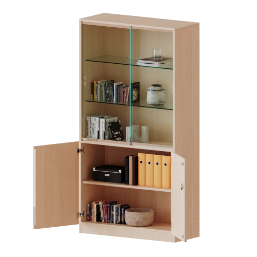 Kombischrank, 5 Ordnerhöhen, Drehtüren unten (2 OH), Glasschiebetüren oben (3 OH) - Serie evo180 B/H/T: 100x190x50 cm, alle Türen abschließbar, mit Sockel (81 mm)