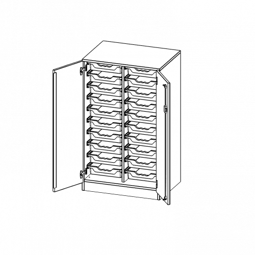 ErgoTray Schrank, zweireihig, 3 Ordnerhöhen - evo180 Serie B/H/T: 70,3x118x50 cm, zweitürig, mit Sockel (81 mm), mit 20 flachen ErgoTray Boxen