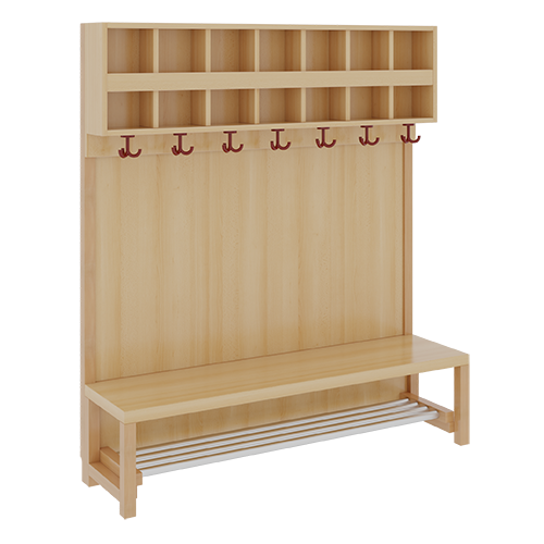 Komplettgarderobe mit doppelter Ablagereihe B/H/T: 140x158x39 cm, 7 Plätze, Sitzhöhe: 26 cm, Stütze mit Paneelrückwand in Buche-hell, mit Schuhrost aus Aluminiumrohren