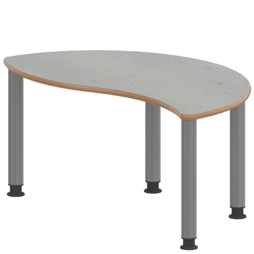 Tisch ZALOTTI mit Linoleum-Belag Halbrund-Wellentisch, B/H/T: 120x53x60 cm, Stahlrohrbeine Ø 60 mm, Fußvariante: höhenverstellbar (53/67 cm), Tischbeine mit RAL-Farbe 9006 (weißaluminium)