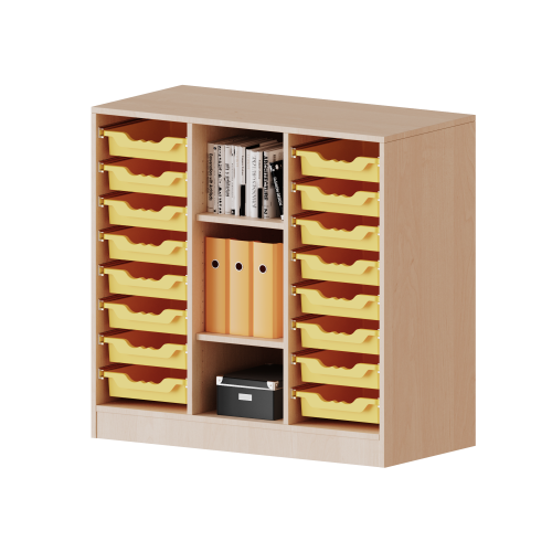 ErgoTray Regal, dreireihig, 2,5 Ordnerhöhen - evo180 Serie B/H/T: 104,5x100x40 cm, mit Möbelstellfüßen, rechts und links je 8 flache ErgoTray Boxen, 3 Fächer in der Mitte