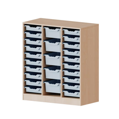 ErgoTray Regal, dreireihig, 3 Ordnerhöhen - evo180 Serie B/H/T: 104,5x118x40 cm, fahrbar, rechts und links je 10 flache, in der Mitte 5 hohe ErgoTray Boxen