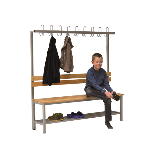 Umkleidebank einseitig mit Sitzfläche Melamin und Hakenleiste B/H/T: 100x45/155x38 cm, Sitzbank mit Schuhrost und Garderobenleiste mit Dreifachhaken, die RAL- Farbe ist wählbar