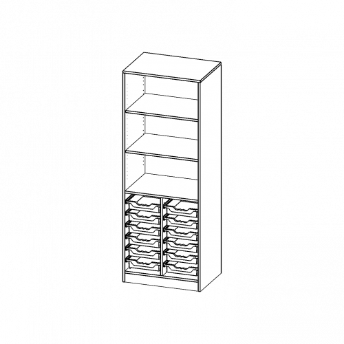 ErgoTray Regal, zweireihig, 5 Ordnerhöhen - evo180 Serie B/H/T: 70,3x190x50 cm, mit Sockel (81 mm), unten 12 flache ErgoTray Boxen, oben 2 Einlegeböden
