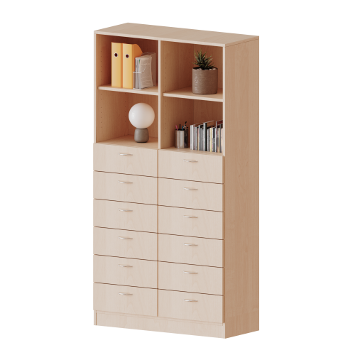 Schubladen - Kombischrank, 5 Ordnerhöhen - Serie evo180 B/H/T: 120x190x40 cm, 12 Schubladen unten, oben 4 offene Fächer, mit Sockel (81 mm)