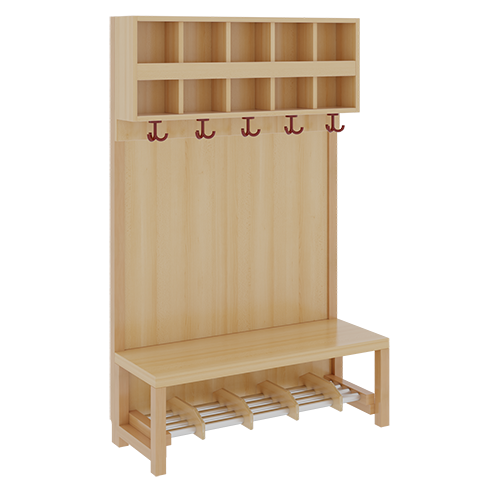 Komplettgarderobe mit doppelter Ablagereihe B/H/T: 100x158x39 cm, 5 Plätze, Sitzhöhe 26 cm, Stütze mit Paneelrückwand in Buche-hell, Schuhrost aus Aluminiumrohren mit Trennungen