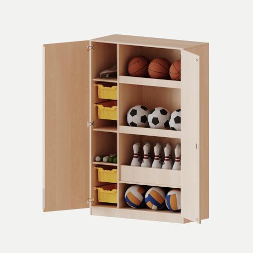 Sportschrank, 5 Ordnerhöhen - Serie evo180 Breite 120 cm, Gesamthöhe 190 cm, 2 hohe ErgoTray Boxen, Ballfach, mit Sockel (81 mm)