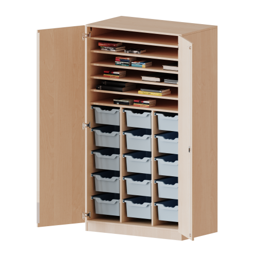 Bastelschrank, 5 Ordnerhöhen - Serie evo180 B/H/T: 104,5x190x60 cm, 2-türiger Schrank mit 15 hohen ErgoTray Boxen, mit Sockel (81 mm)