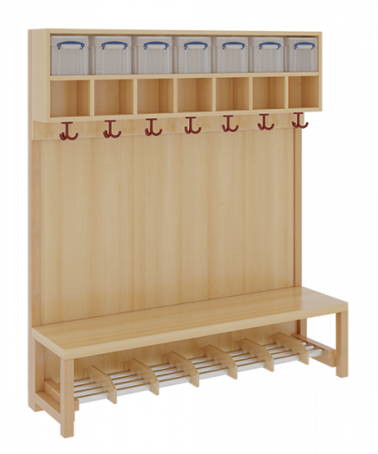 Komplettgarderobe mit doppelter Ablagereihe inklusive Boxen B/H/T: 140x158x39 cm, 7 Plätze, Sitzhöhe 26 cm, Stütze mit Paneelrückwand, Alurohr-Schuhrost mit Trennungen