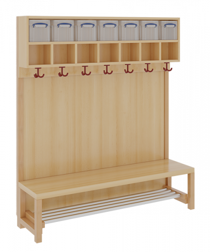Komplettgarderobe mit doppelter Ablagereihe inklusive Boxen B/H/T: 140x158x39 cm, 7 Plätze, Sitzhöhe: 42 cm, Stütze mit Paneelrückwand, mit Schuhrost aus Aluminiumrohren