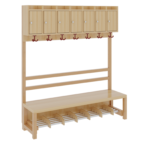 Komplettgarderobe mit Ablagen und Türen B/H/T: 140x158x39 cm, 7 Plätze, Sitzhöhe: 34 cm, offene Stütze in Buche-massiv, Schuhrost aus Aluminiumrohren mit Facheinteilungen