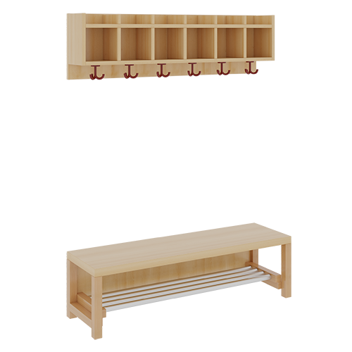 Komplettgarderobe mit einfacher Ablagereihe B/T: 120x35 cm, 6 Plätze, Sitzhöhe: 34 cm, 2teilig ohne Stütze, Ablage zur Wandmontage, mit Schuhrost aus Aluminiumrohren