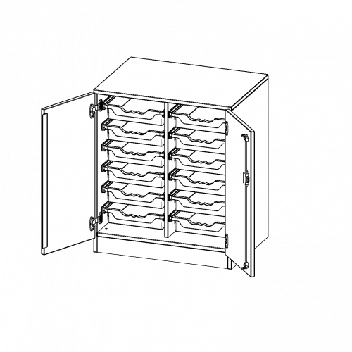 ErgoTray Schrank, zweireihig, 2 Ordnerhöhen - evo180 Serie B/H/T: 70,3x82x50 cm, zweitürig, mit Sockel (81 mm), mit 12 flachen ErgoTray Boxen