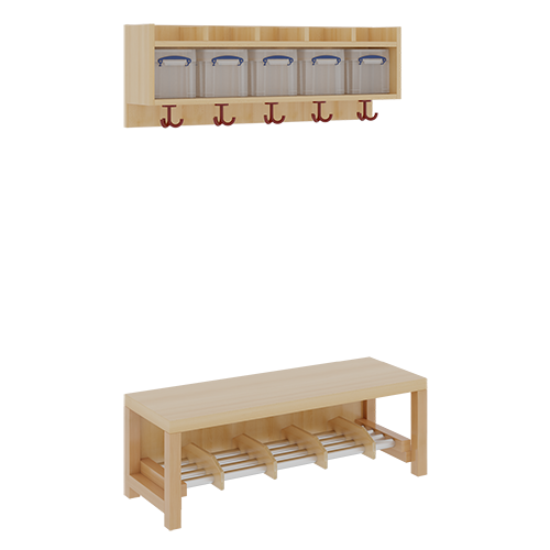 Komplettgarderobe mit einfacher Ablage inklusive Boxen B/T: 100x35 cm, 5 Plätze, Sitzhöhe 26 cm, 2teilig ohne Stütze, Ablage zur Wandmontage, Alurohr-Schuhrost mit Trennungen