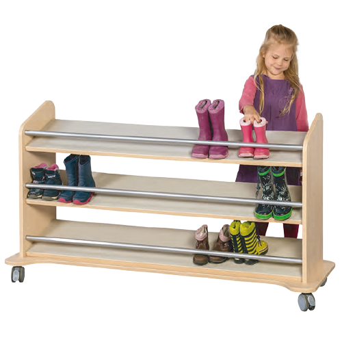 Stiefelwagen mit 3 Schrägablagen B/H/T: 150x80x50 cm, Ablagen aus feuerhemmendem Material - Dekor Buche - mit Linoleumbeschichtung und Rohr-Stopp
