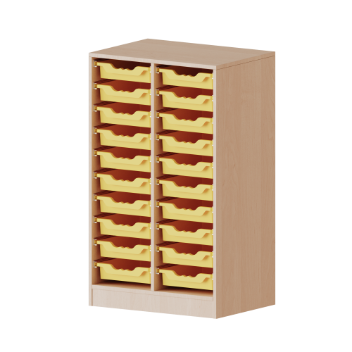 ErgoTray Regal, zweireihig, 3 Ordnerhöhen - evo180 Serie B/H/T: 70,3x118x40 cm, mit Möbelstellfüßen, 20 flache ErgoTray Boxen
