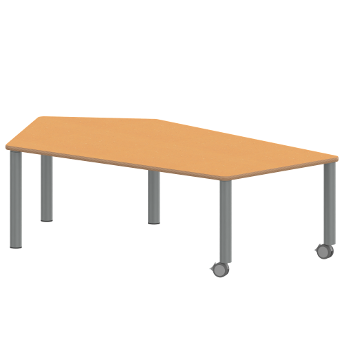 Tisch ZALOTTI mit Linoleum-Belag Fünfecktisch-groß, B/H/T: 185x25x104 cm, Stahlrohrbeine Ø 60 mm, Fußvariante: fahrbar, Tischbeine mit RAL-Farbe 9006 (weißaluminium)