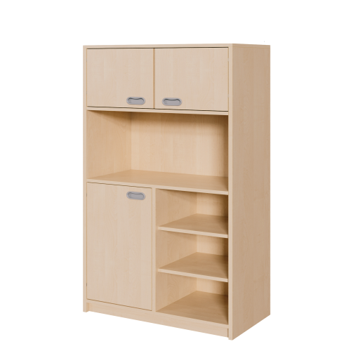 Korpus-Schrank, unten Tür und Regal, oben Doppeltüren B/H/T: 102x160x40 cm, unten links Tür, rechts Regal unten insgesamt 6 Fächer, Mitte offenes Fach, oben Doppeltür mit Mittelwand, 4 Fächer