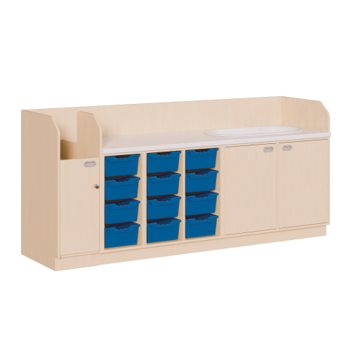 Wickelkommode, vierreihig zuzüglich Badewanne B/H/T: 249x113x71,5 cm, Integrierter Aufgang links, 12 Boxen und Badewanne rechts