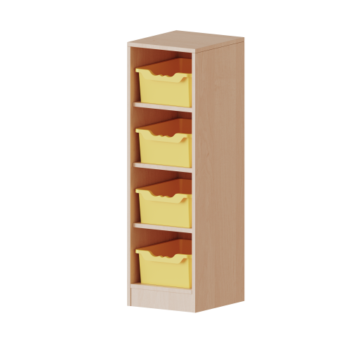 Taschenregal, 3 Ordnerhöhen - Serie evo180 B/H/T: 36,1x118x40 cm, 4 halbhohe Fächer, je mit einer hohen ErgoTray Box, mit Sockel (81 mm)