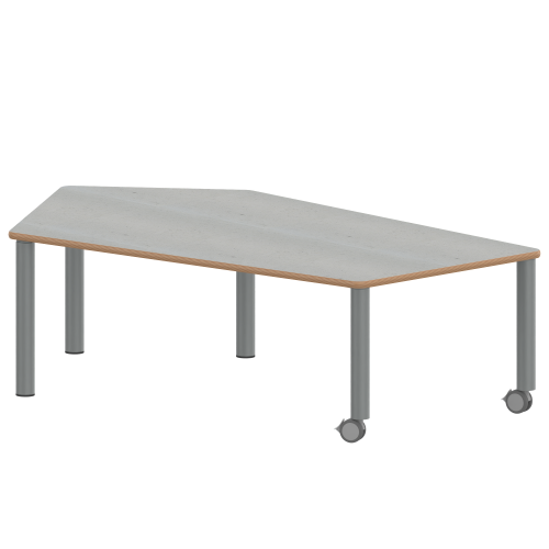 Tisch ZALOTTI mit Linoleum-Belag Fünfecktisch-groß, B/H/T: 185x25x104 cm, Stahlrohrbeine Ø 60 mm, Fußvariante: fahrbar, Tischbeine mit RAL-Farbe 9006 (weißaluminium)