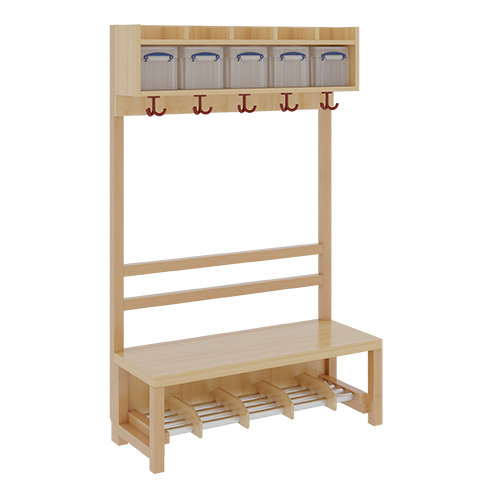 Komplettgarderobe mit einfacher Ablage inklusive Boxen B/H/T: 100x130x39 cm, 5 Plätze, Sitzhöhe 26 cm, offene Stütze, Schuhrost aus Aluminiumrohren mit Trennungen