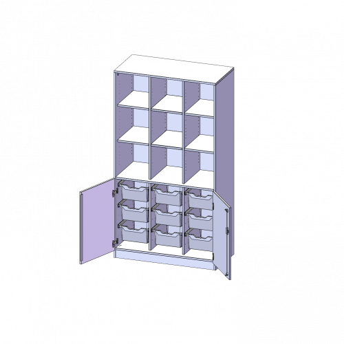 ErgoTray Kombi-Schrank, dreireihig, 5 Ordnerhöhen - evo180 Serie B/H/T: 104,5x190x50 cm, unten 2 OH Türen und 9 hohe ErgoTray Boxen, oben 3 OH Regal, Sockel, 2 Mittelwände