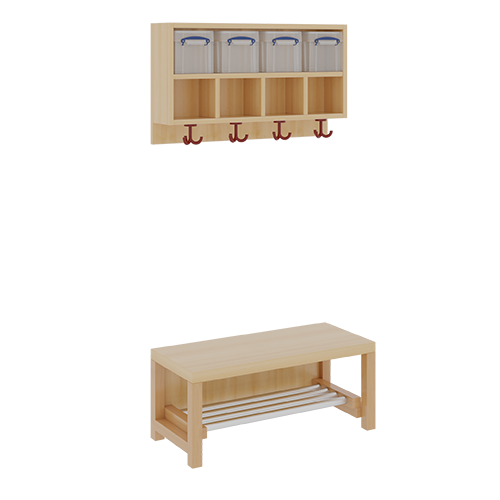 Komplettgarderobe mit doppelter Ablagereihe inklusive Boxen B/T: 80x35 cm, 4 Plätze, Sitzhöhe 42 cm, 2teilig ohne Stütze, Ablage zur Wandmontage, mit Alurohr-Schuhrost