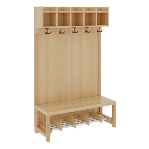 Komplettgarderobe mit einfacher Ablagereihe B/H/T: 100x130x39 cm, 5 Plätze, Sitzhöhe 34 cm, Stütze mit Paneelrückwand in Buche-hell, Alurohr-Schuhrost mit Trennungen