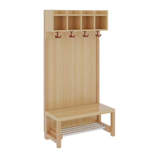 Komplettgarderobe mit einfacher Ablagereihe B/H/T: 80x130x39 cm, 4 Plätze, Sitzhöhe: 34 cm, Stütze mit Paneelrückwand in Buche-hell, mit Schuhrost aus Aluminiumrohren