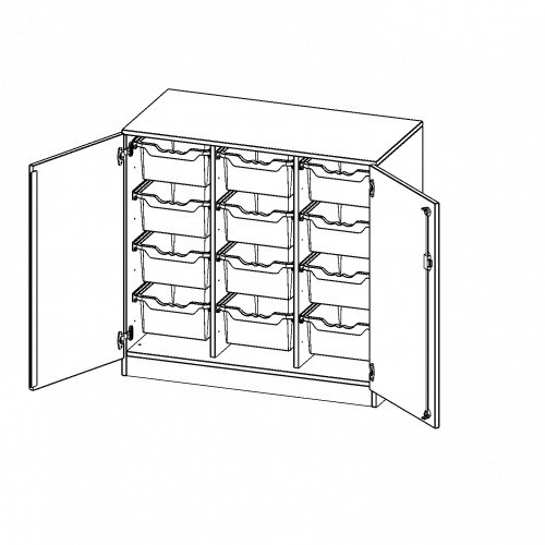 ErgoTray Schrank, dreireihig, 2,5 Ordnerhöhen - evo180 Serie B/H/T: 104,5x100x50 cm, zweitürig, mit Sockel (81 mm), mit 12 hohen ErgoTray Boxen