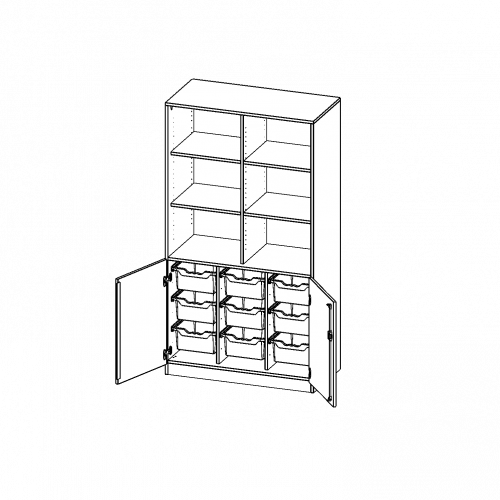 ErgoTray Kombi-Schrank, dreireihig, 5 Ordnerhöhen - evo180 Serie B/H/T: 104,5x190x50 cm, unten 2 OH Türen und 9 hohe ErgoTray Boxen, oben 3 OH Regal, Sockel, mit Mittelwand