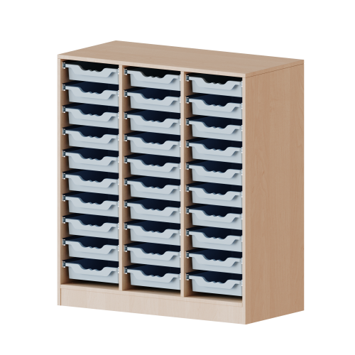 ErgoTray Regal, dreireihig, 3 Ordnerhöhen - evo180 Serie B/H/T: 104,5x118x40 cm, mit Sockel (81 mm), 30 flache ErgoTray Boxen