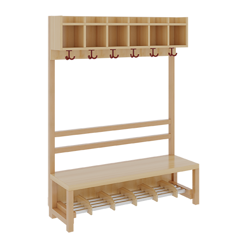 Komplettgarderobe mit einfacher Ablagereihe B/H/T: 120x130x39 cm, 6 Plätze, Sitzhöhe: 34 cm, offene Stütze in Buche-massiv, Schuhrost aus Aluminiumrohren mit Facheinteilungen