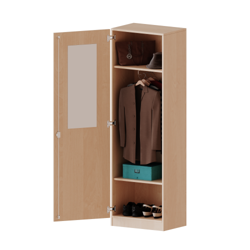 Garderobenschrank mit Spiegel und Garderobenstange, 5 Ordnerhöhen - Serie evo180 B/H/T: 60x190x50 cm, 1 Tür, abschließbar, Tür öffnet links, mit Sockel (81 mm)