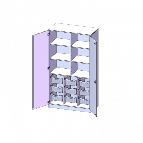 ErgoTray Schrank, dreireihig, 5 Ordnerhöhen - evo180 Serie B/H/T: 104,5x190x50 cm, zweitürig, mit Sockel (81 mm), mit Mittelwand, mit 9 hohen ErgoTray Boxen