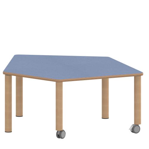 Tisch ZALOTTI mit Linoleum-Belag Fünfecktisch-klein, B/H/T: 121x46x110 cm, Massivholzbeine Ø 60 mm, Fußvariante: fahrbar
